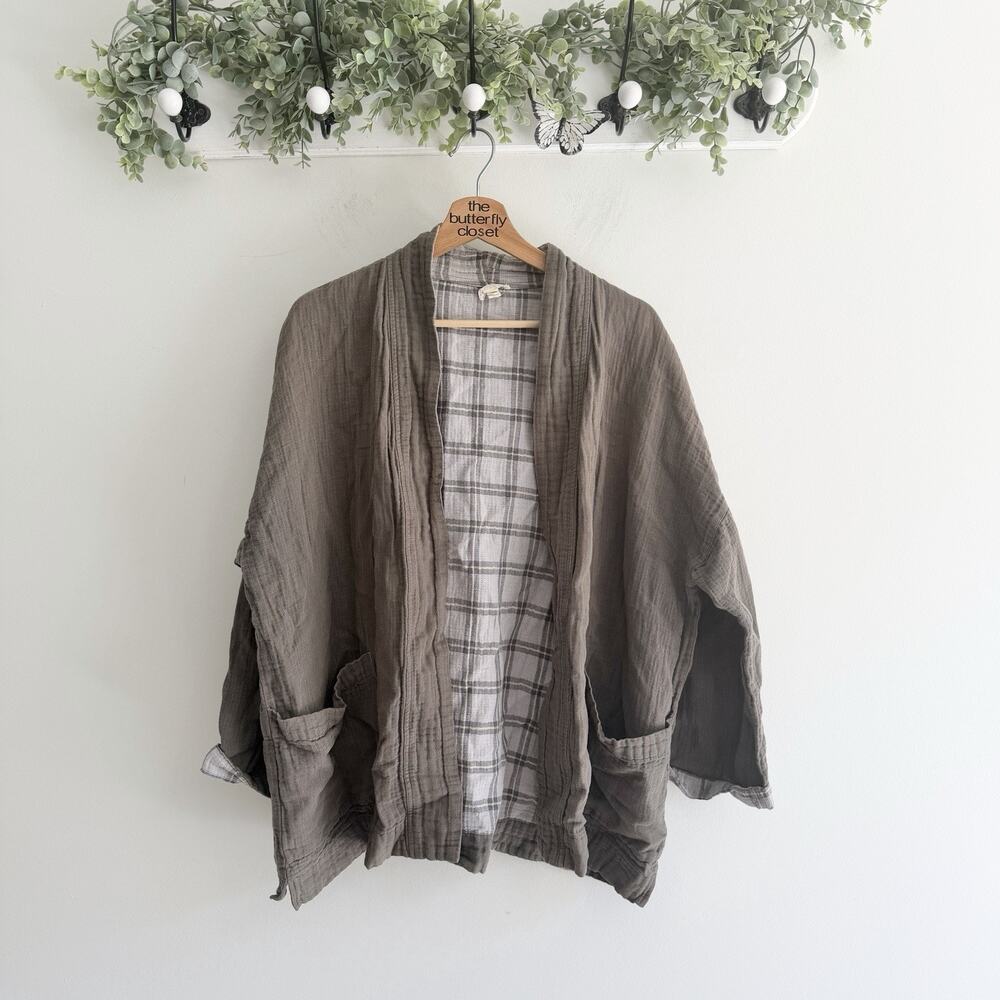 Eileen Fisher Gray Plaid Guazy Open Shacket Large Bohemian 1-5849
